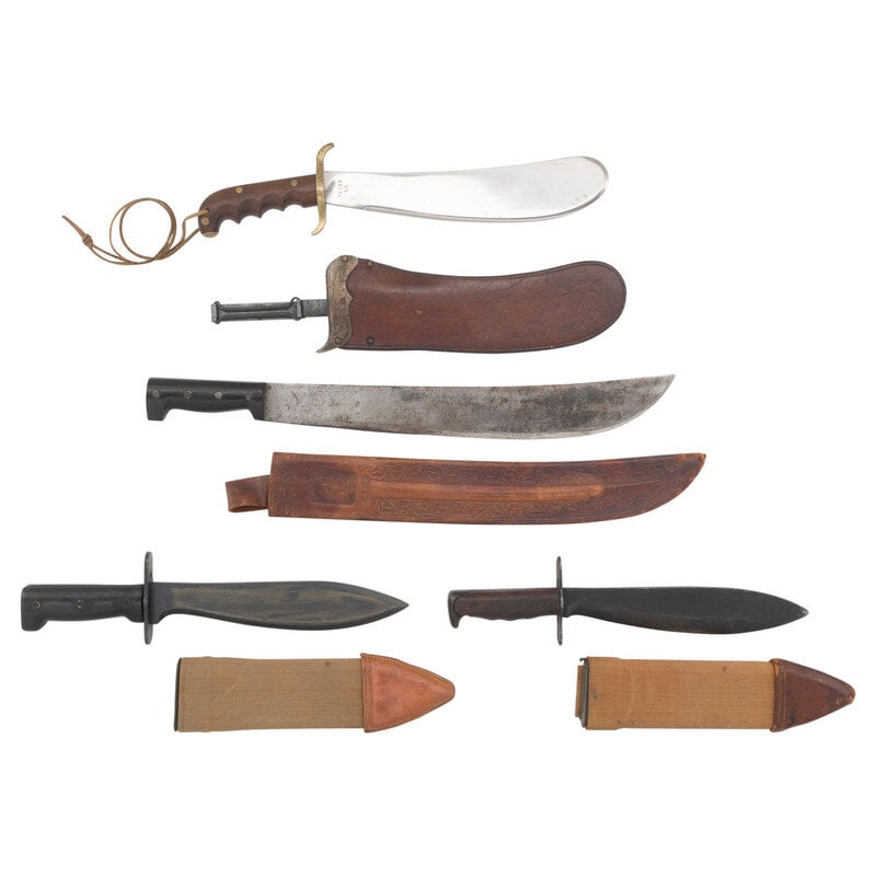 Group of Early 20th Century US Military Bolos & a Collins Machete : Group of Early 20th Century US Military Bolos & a Collins Machete World War I 1) US Model 1904 Hospital Corps Bolo and Scabbard. 12" bright round tipped bolo blade, 17" overall with finger groove