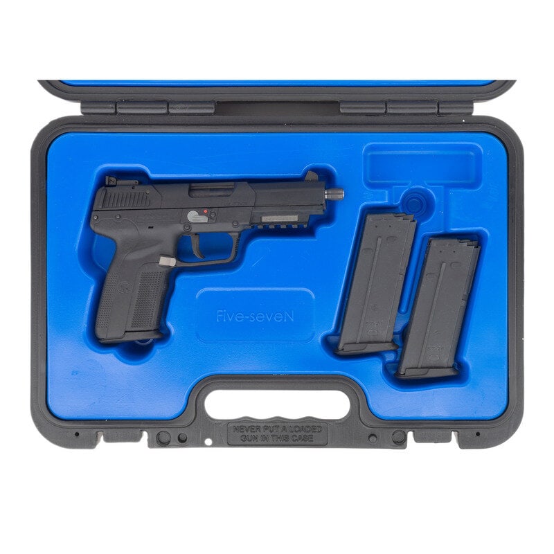 *FN Five-seveN IOM with Box and Accessories: *FN Five-seveN IOM with Box and Accessories 5.7x28mm. 5.25" barrel length. SN: 386206205. Black synthetic overall finish with gray controls and accessory rail to forward frame. Short recoil operated s