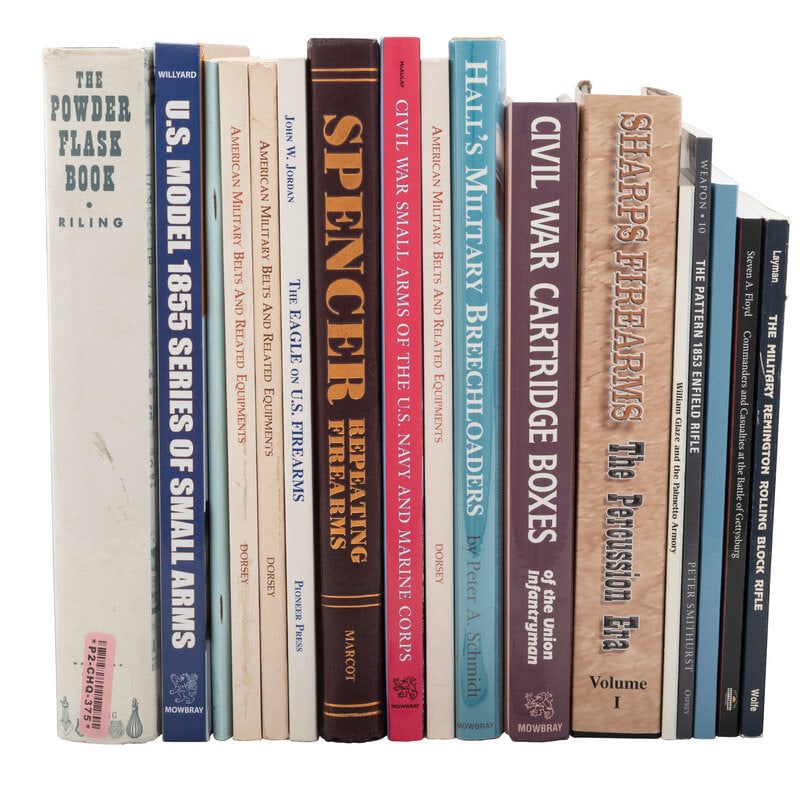 Group of 15 Arms & Military Reference Books - Including Sharps & Spencer: Group of 15 Arms & Military Reference Books - Including Sharps & Spencer Riling, Ray, The Powder Flask Book, New York, NY: Bonanza Books, 1972. Willyard, John, U.S. Model 1855 Series of Sm