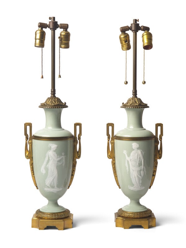 A Pair of Celadon and Gilt-Bronze Mounted Pate-Sur-Pate Vases, Now Mounted as Lamps: A Pair of Celadon and Gilt-Bronze Mounted Pate-Sur-Pate Vases, Now Mounted as Lamps The Vases Possibly Mintons, Late 19th Century Each vase decorated with a Vestal Virgin to one side and a foliate spr