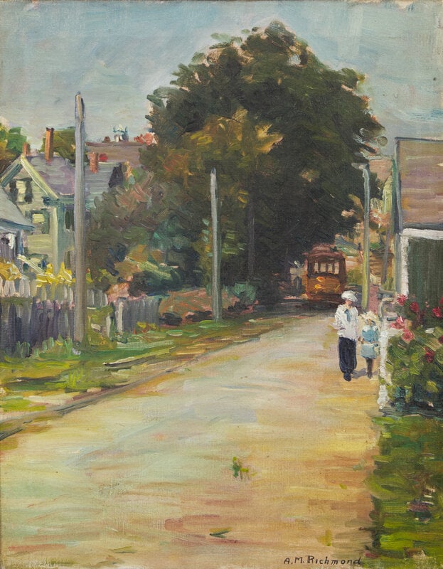 Agnes Millen Richmond (American, 1870-1964) The Village Street: Agnes Millen Richmond (American, 1870-1964) The Village Street oil on canvas Signed A.M. Richmond (lower right), also signed on the reverse stretcher 20 x 16 inches. Property from the Collec