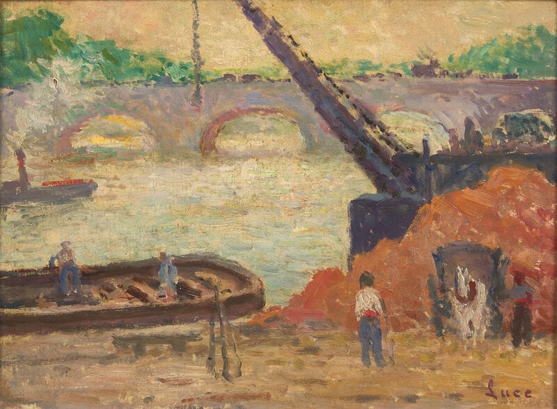 Maximilien Luce (French, 1858–1941) Travaux en Bord de Seine: Maximilien Luce (French, 1858–1941) Travaux en Bord de Seine oil on panel signed Luce (lower right) 9 1/2 x 13 in. Property from the Collection of Phyllis and Fred Pressman</