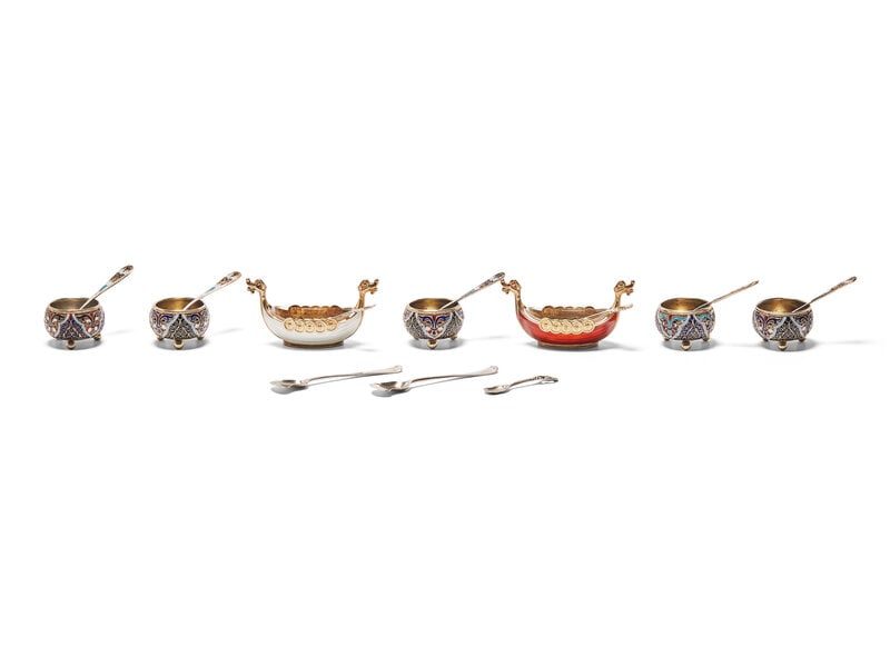 An Assembled Set of Seven Silver and Enameled Salt Cellars with Spoons (1 of 3)