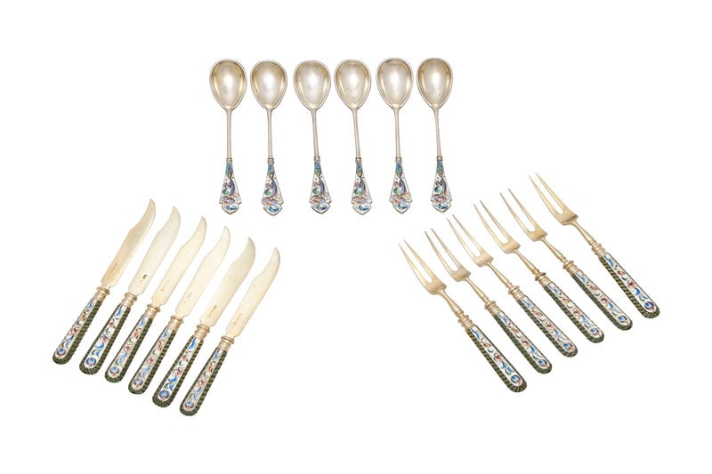 An Assembled Set of Russian Silver and Cloisonné Enameled Flatware (1 of 2)