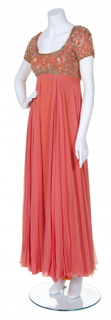 A Helen Rose Peach Silk Chiffon Dress,: A Helen Rose Peach Silk Chiffon Dress, with beaded empire bodice and silk chiffon bottom. Labeled: Helen Rose / Sara Fredericks.
