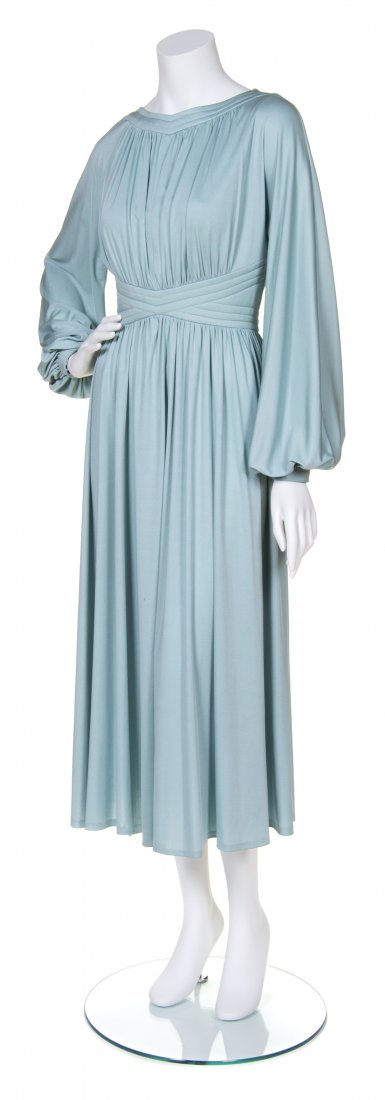 A Donald Brooks Seafoam Jersey Knit Evening Dress,: A Donald Brooks Seafoam Jersey Knit Evening Dress, with quilting at neckline and waist. Labeled: Donald Brooks / Bonwit Teller.