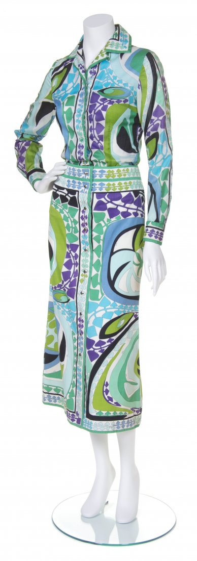 An Emilio Pucci Blue and Green Cotton Print Skirt Ensem: An Emilio Pucci Blue and Green Cotton Print Skirt Ensemble, comprised of a button down blouse and full length skirt. Labeled: Emilio Pucci / Exclusively for Saks Fifth Avenue. Size 10.