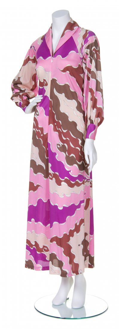 An Emilio Pucci Pink and Multicolor Print Dress, Size P: An Emilio Pucci Pink and Multicolor Print Dress, pink, fuchsia, and brown curvilinear swirl print. Labeled: Emilio Pucci for Formfit Rogers. Size P. Property from the Collection of The Vintage Contess