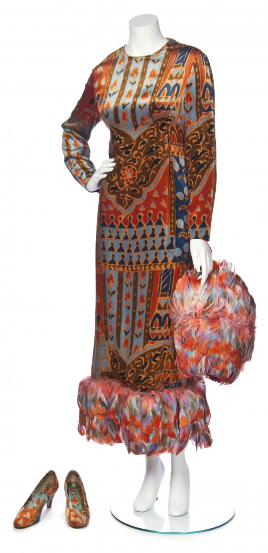 A Bill Blass Multicolor Print Velvet and Feather Dress,: A Bill Blass Multicolor Print Velvet and Feather Dress, together with matching feather muff and velvet shoes. Labeled: Bill Blass. Property from the Estate of Florence Delzell