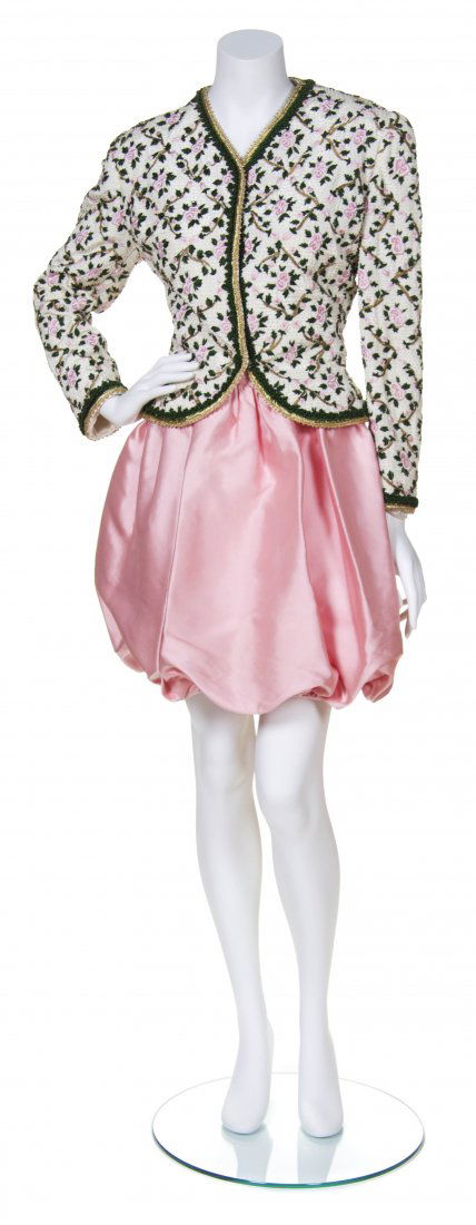 An Oscar de la Renta Multicolor Skirt Suit, Size 12.: An Oscar de la Renta Multicolor Skirt Suit, comprised of a cream silk faille jacket with allover pink and green rosette embroidery and a pink satin skirt with a bubble hem. Labeled: Oscar de la Renta.