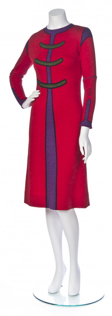 A Roberto di Camerino Red Wool Knit Trompe L'Oeil Print: A Roberto di Camerino Red Wool Knit Trompe L'Oeil Print Dress. Labeled: Roberto di Camerino.