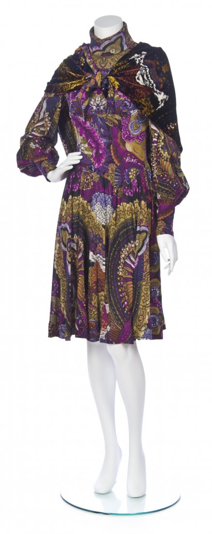 A Valentino Couture Multicolor Printed Silk Dress,: A Valentino Couture Multicolor Printed Silk Dress, with matching silk hood and shawl. Labeled: Valentino Couture / Holt Renfrew.