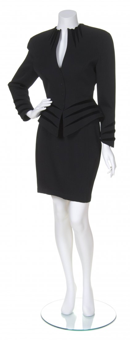 A Thierry Mugler Black Wool Jacket and Skirt Suit,: A Thierry Mugler Black Wool Jacket and Skirt Suit, with black velvet trim accents. Labeled: Thierry Mugler.