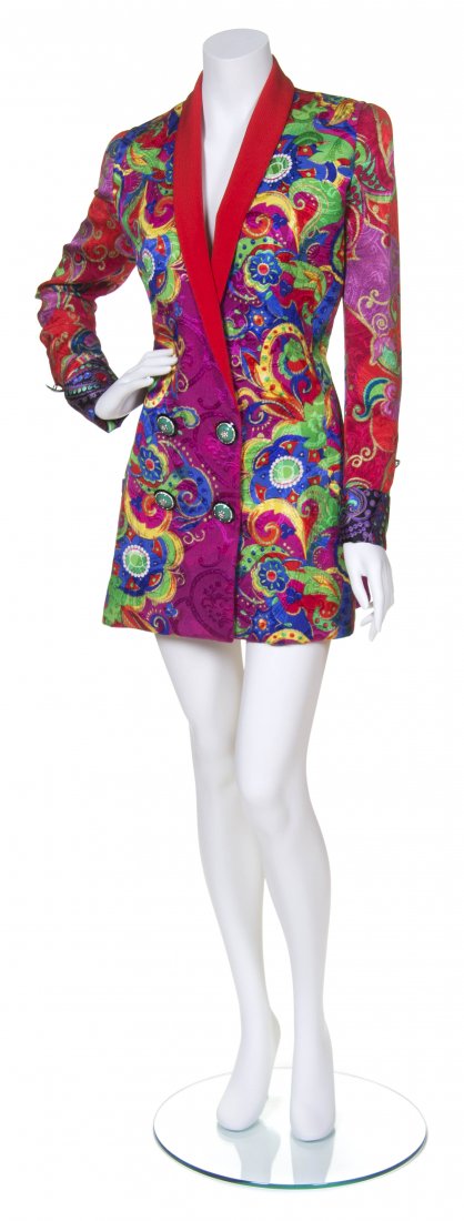 An Atelier Versace Multicolor Paisley Jacquard Jacket,: An Atelier Versace Multicolor Paisley Jacquard Jacket, with turquoise and black enamel and rhinestone buttons. Labeled: Atelier Versace.
