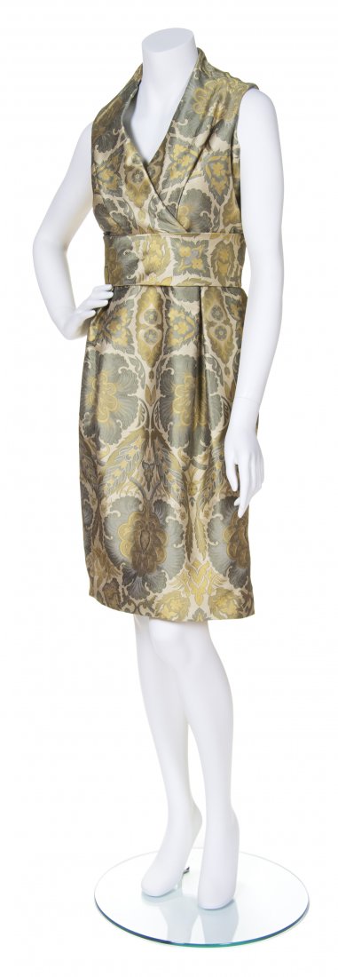 An Alexander McQueen Gold and Green Silk Brocade Dress,: An Alexander McQueen Gold and Green Silk Brocade Dress, sleeveless, V neckline with self belt. Labeled: Alexander McQueen. Size 42.