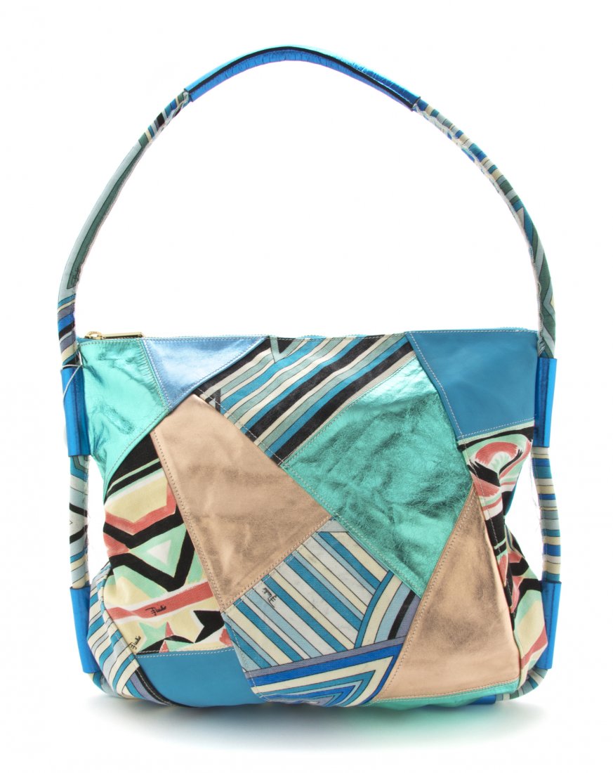 An Emilio Pucci Multicolor Cotton Print Bag, 18 x 15 x : An Emilio Pucci Multicolor Cotton Print Bag, with metallic patches and fabric lining. Stamped: Pucci. 18 x 15 x 1/2 inches.