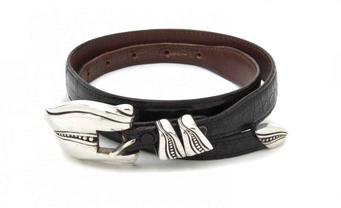 A Kieselstein Cord Sterling Silver Belt Buckle,: A Kieselstein Cord Sterling Silver Belt Buckle, with black alligator strap. Buckle stamped: B.Kieselstein-Cord STERLING.