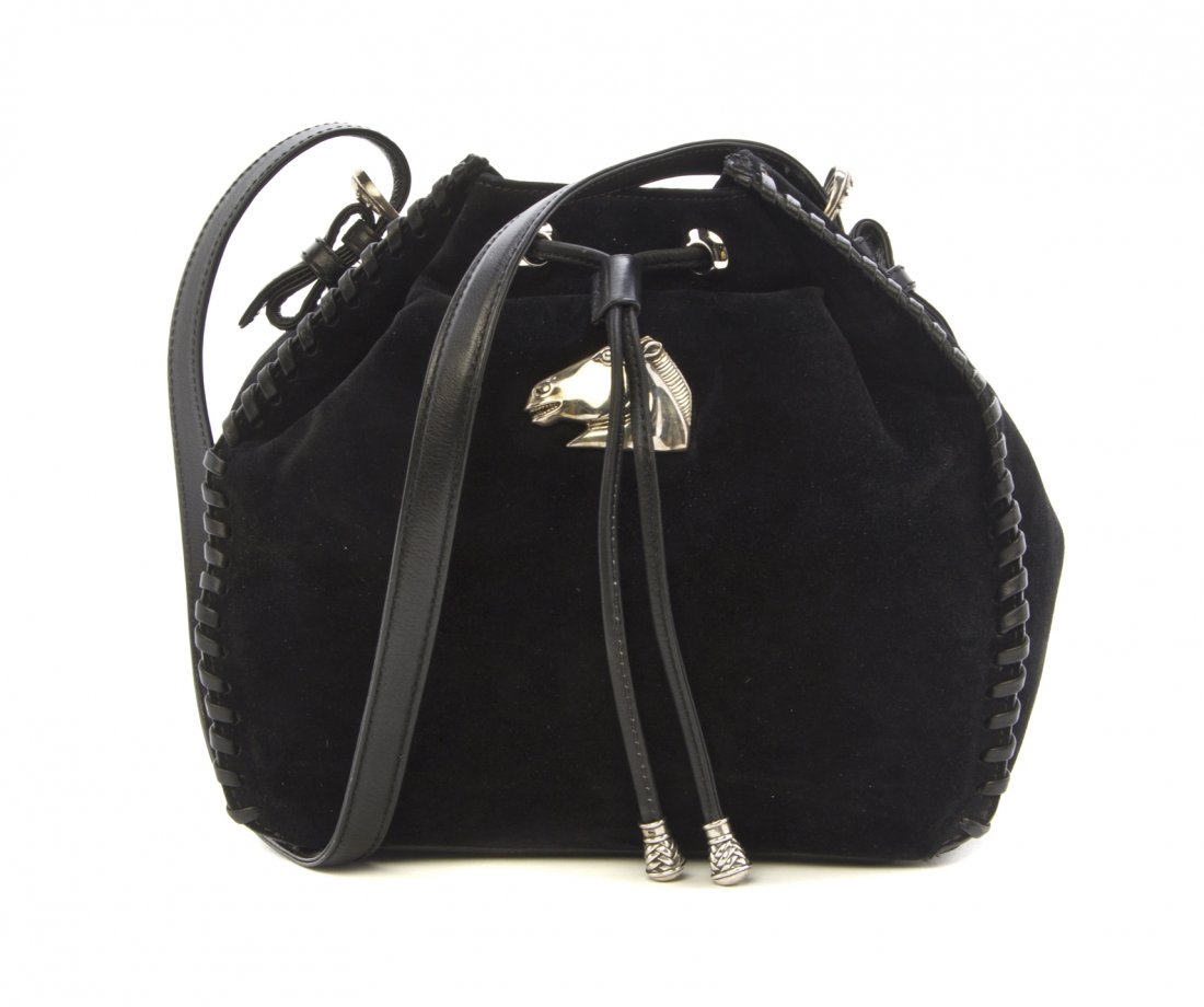 A Kieselstein Cord Suede Bucket Bag, 9 1/2 x 8 x 3 1/2 : A Kieselstein Cord Suede Bucket Bag, silver hardware, silver horse head applique, green suede lining Stamped: Barry Kieselstein-Cord. 9 1/2 x 8 x 3 1/2 inches. Property from a New York City Collection