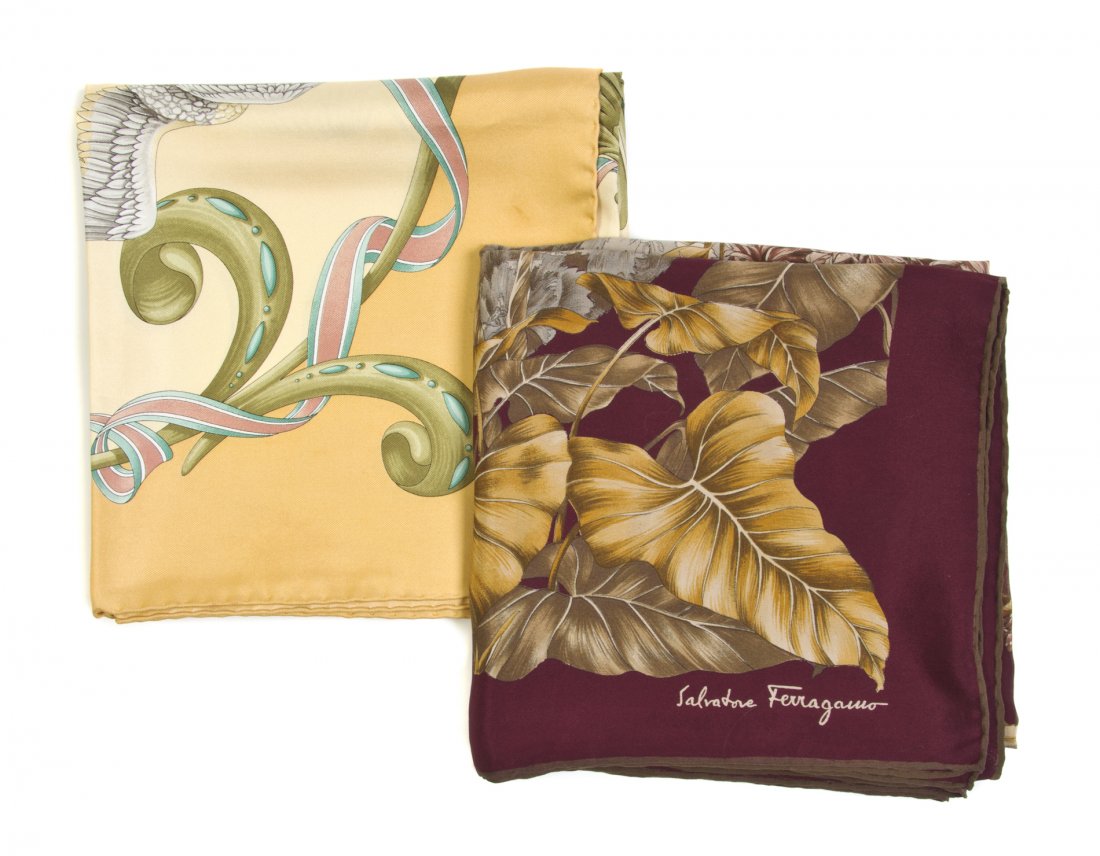 Two Ferragamo Silk Scarves, 34 x 34 inches.: Two Ferragamo Silk Scarves, in various designs. Labeled within print: Salvatore Ferragamo. 34 x 34 inches.