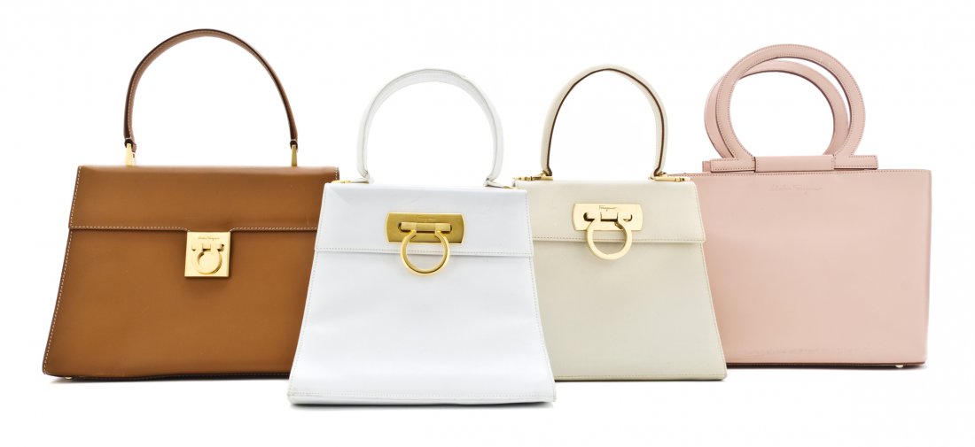 A Group of Four Ferragamo Bags,: A Group of Four Ferragamo Bags, comprised of a tan leather bag, a cream leather bag, a pink leather bag and a white leather bag. All stamped: Ferragamo. Property from the Estate of Alyne Queener Masse