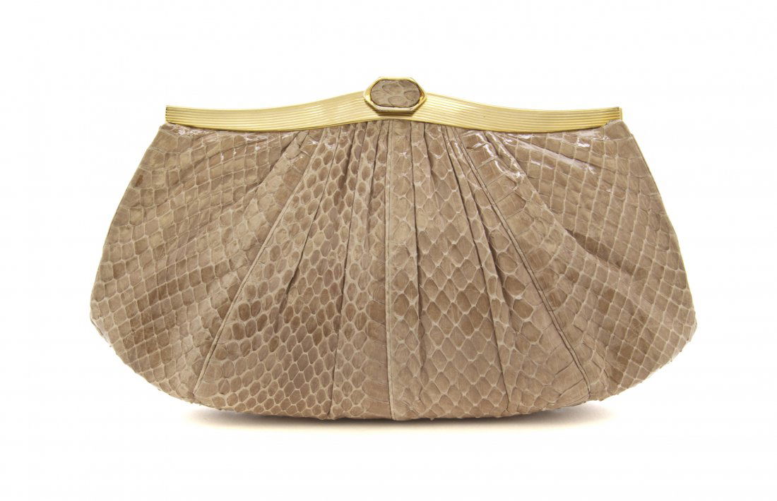 A Judith Leiber Taupe Snakeskin Evening Bag, 9 x 5 inch: A Judith Leiber Taupe Snakeskin Evening Bag, goldtone frame with snakeskin covered clasp, bronze silk lining. Stamped: Judith Leiber. 9 x 5 inches. Property from the Dr. Myrna Salud Living Trust, Mari