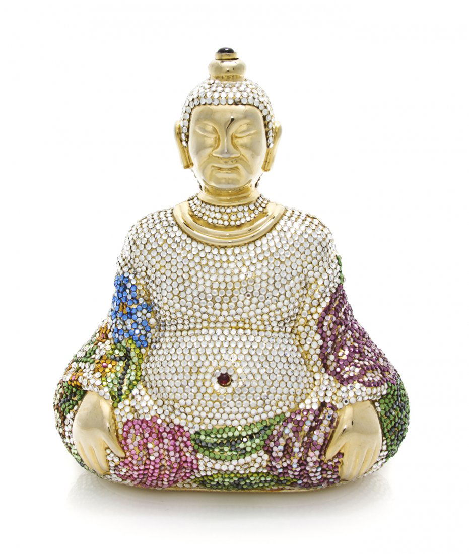 A Judith Leiber Multicolor Crystal Buddha Minaudiere,: A Judith Leiber Multicolor Crystal Buddha Minaudiere, in a floral design, hidden gold chain link shoulder strap, gold kid leather lining with comb. Stamped: Judith Leiber. Property from the Dr. Myrna