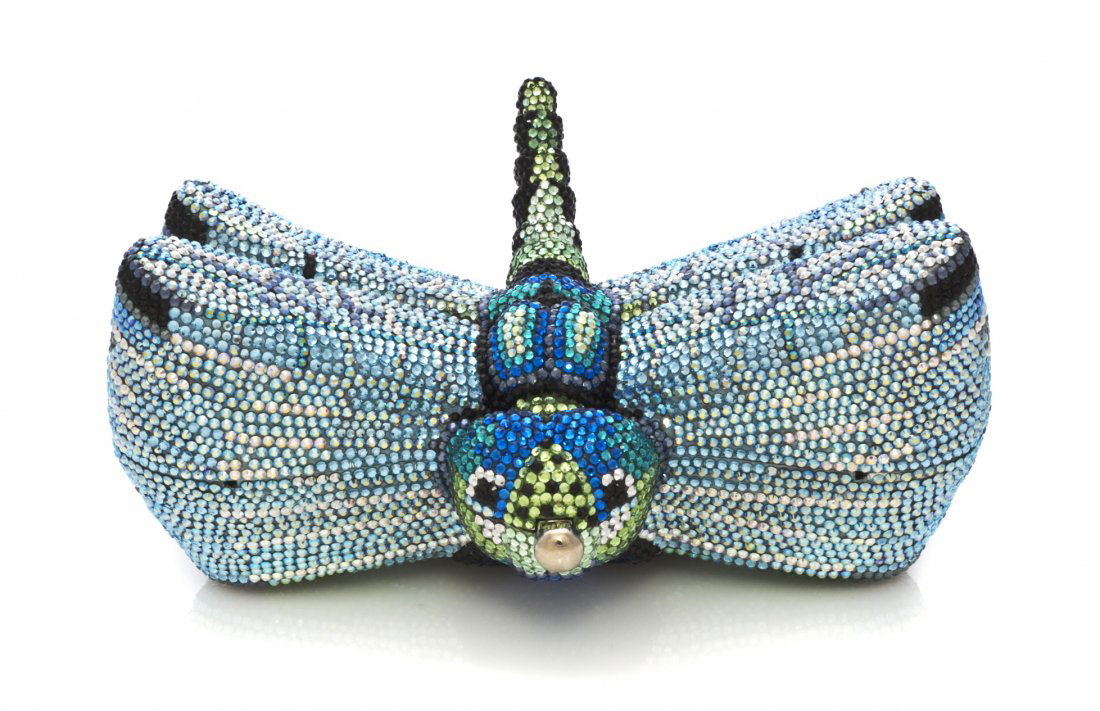 A Judith Leiber Multicolor Crystal Dragonfly Minaudiere: A Judith Leiber Multicolor Crystal Dragonfly Minaudiere, hidden detachable silver chain shoulder strap, silver kid leather lining and all accessories. Stamped: Judith Leiber. 6 x 2 x 2 inches. Propert