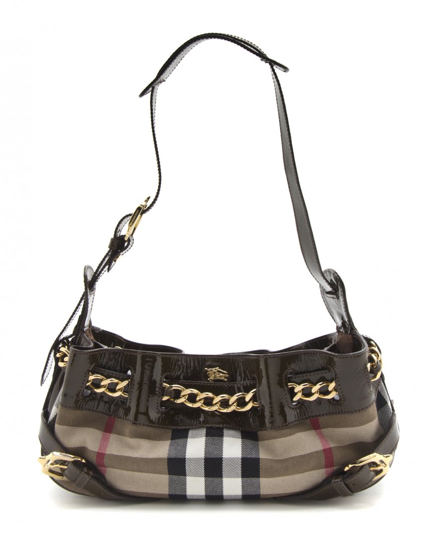 A Burberry House Check and Brown Patent Leather Shoulde: A Burberry House Check and Brown Patent Leather Shoulder Bag, with goldtone hardware, magnetic snap closure with one zipper top interior pocket. Stamped: Burberry. 12 1/2 x 6 x 3 inches.