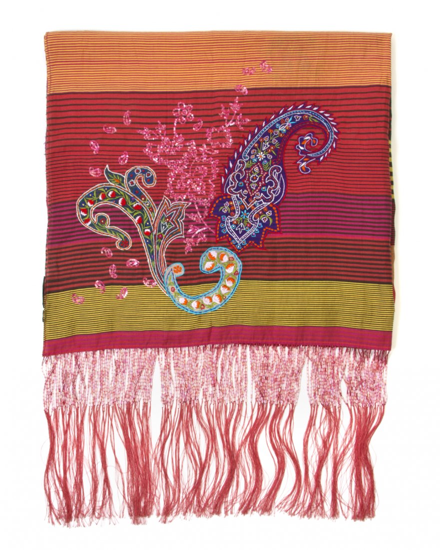An Etro Multicolor Embroidered and Beaded Cotton Scarf,: An Etro Multicolor Embroidered and Beaded Cotton Scarf, with embroidery and beading throughout. Labeled: Etro. 70 x 40 inches. Property of a Lady, Chicago, Illinois
