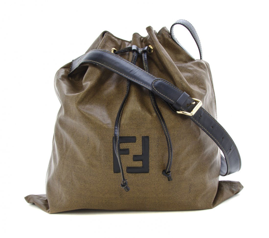 A Fendi Brown Coated Fabric Satchel, 15 1/2 x 15 1/2 in: A Fendi Brown Coated Fabric Satchel, with leather trim and drawstring closure. Stamped: Fendi. 15 1/2 x 15 1/2 inches.