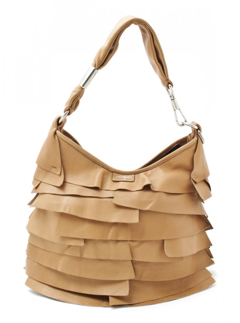 An Yves Saint Laurent Tan Leather Ruffle Shoulder Bag, : An Yves Saint Laurent Tan Leather Ruffle Shoulder Bag, silvertone hardware, snap closure. Stamped: Yves Saint Laurent. 12 x 9 x 1 inches.