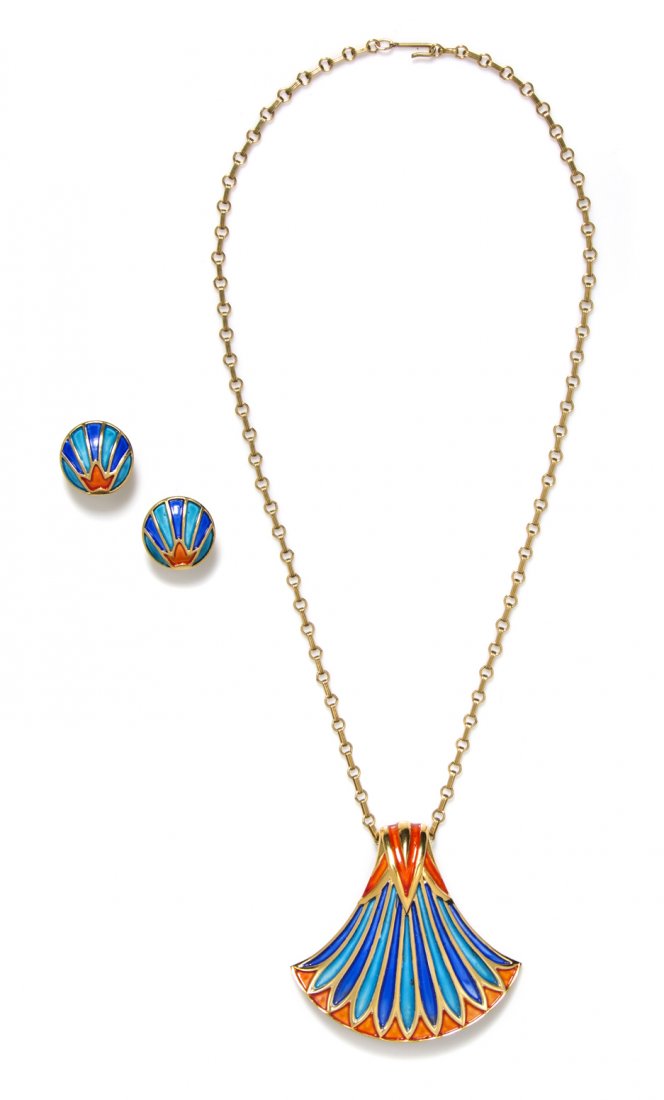 A Trifari Polychrome Enamel Fan Suite,: A Trifari Polychrome Enamel Fan Suite, comprised of a pendant necklace and earclips. Stamped: Trifari. Property from an Important Collector, Chicago, Illinois