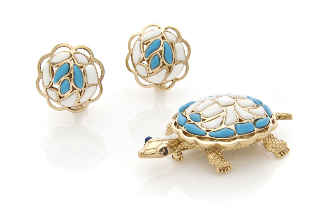 A Trifari Polychrome Poured Resin Suite,: A Trifari Polychrome Poured Resin Suite, comprised of a turtle brooch and foliate motif earclips. Stamped: Trifari. Property from an Important Collector, Chicago, Illinois
