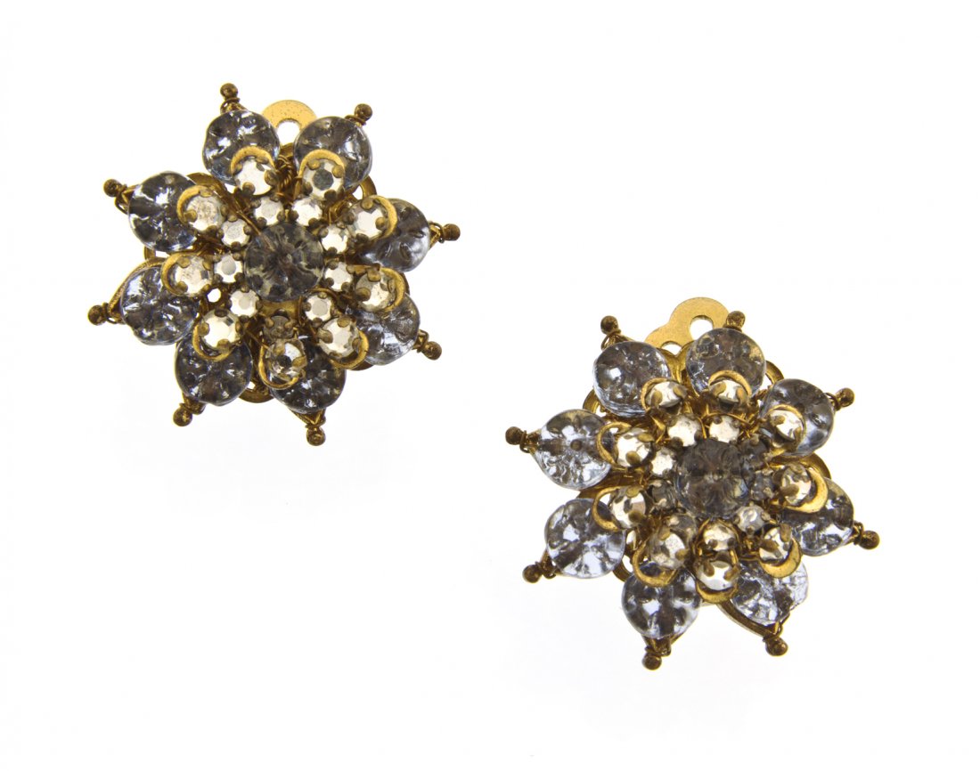 A Pair of Rhinestone and Blue Carved Bead Earclips,: A Pair of Rhinestone and Blue Carved Bead Earclips, probably Miriam Haskell. Property from a Private Collection, New York, New York