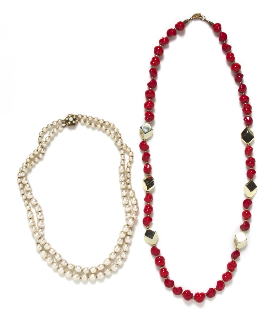 A Collection of Two Miriam Haskell Necklaces,: A Collection of Two Miriam Haskell Necklaces, comprised of a goldtone and red bead necklace and a faux pearl double strand necklace. Both stamped: Miriam Haskell.