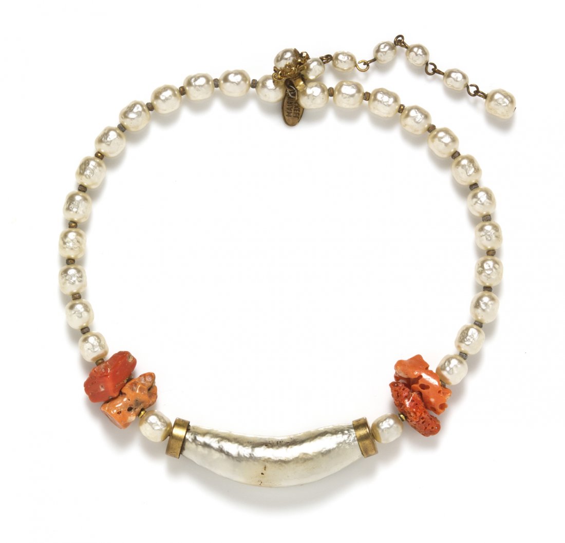 A Miriam Haskell Faux Pearl and Coral Choker Necklace,: A Miriam Haskell Faux Pearl and Coral Choker Necklace, elongated pearl center with irregular shaped coral beads and Baroque pearls. Stamped: Miriam Haskell.