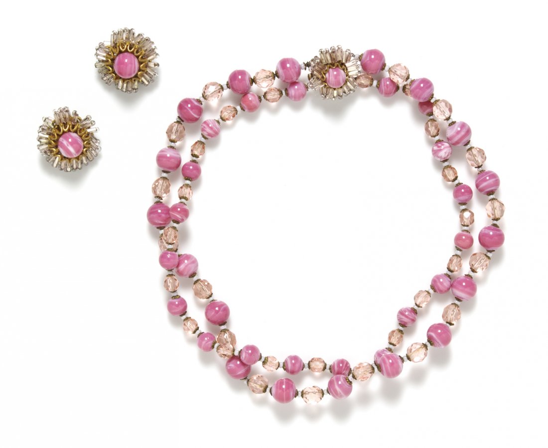 A Miriam Haskell Pink Bead Suite,: A Miriam Haskell Pink Bead Suite, comprised of a double strand pendant necklace and earclips. All stamped: Miriam Haskell.