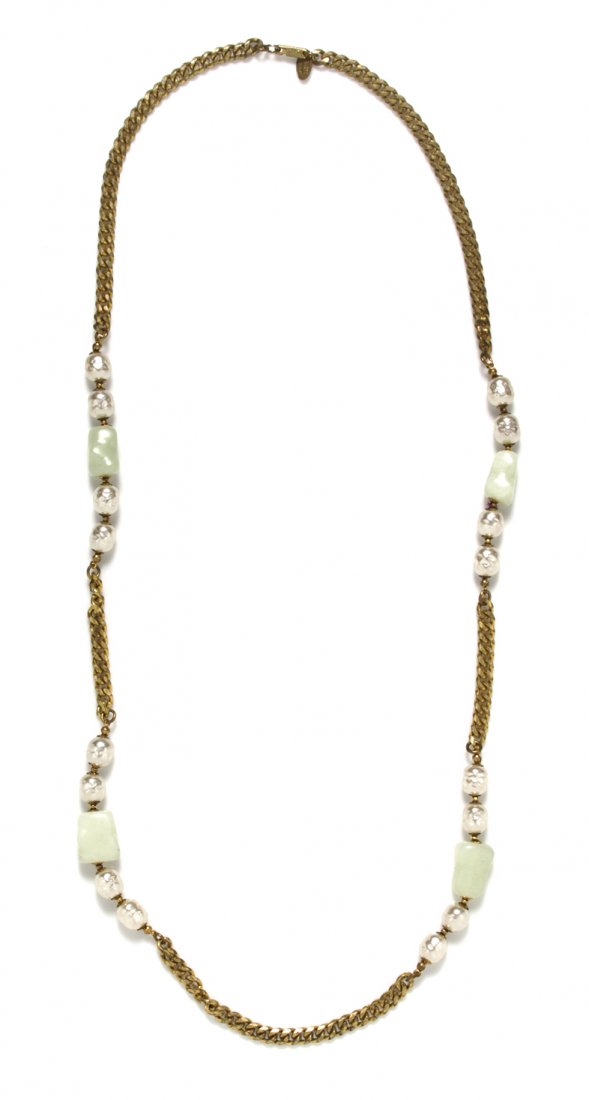 A Miriam Haskell Faux Pearl and Jade Sautoir,: A Miriam Haskell Faux Pearl and Jade Sautoir, goldtone curb link chain with Baroque pearls and irregular shaped jade beads. Stamped: Miriam Haskell.