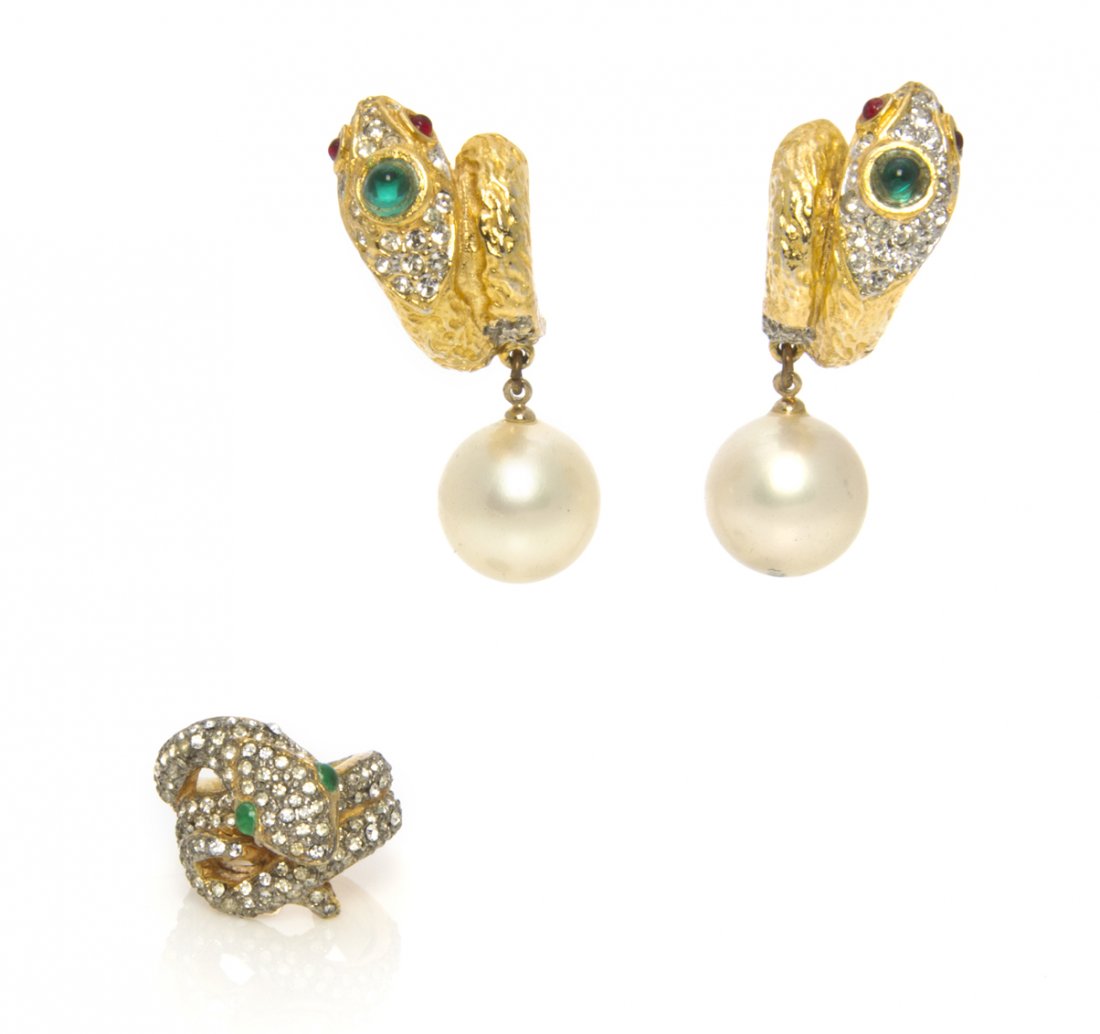 A Kenneth Jay Lane Goldtone and Rhinestone Snake Set,: A Kenneth Jay Lane Goldtone and Rhinestone Snake Set, comprised of a ring and earclips each in a snake motif with rhinestones and multicolor cabochons. Stamped: K.J.L.