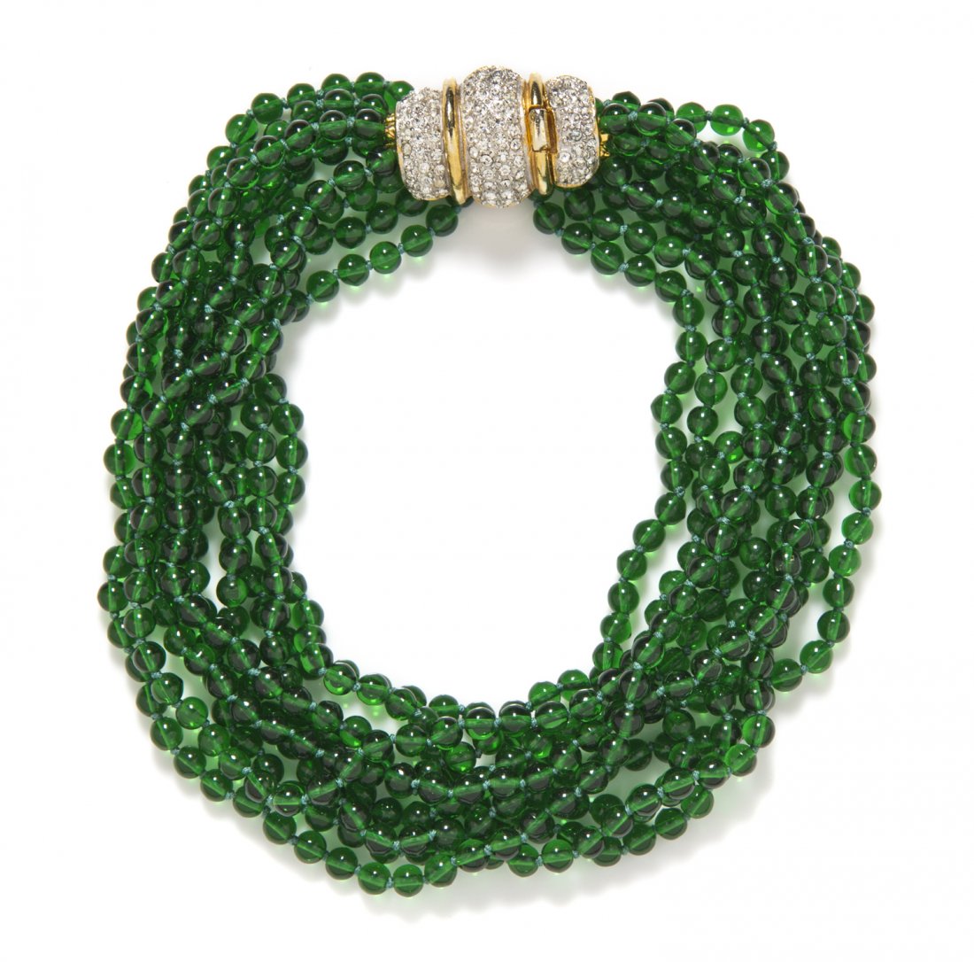 A Kenneth Jay Lane Faux Emerald Bead Torsade,: A Kenneth Jay Lane Faux Emerald Bead Torsade, with goldtone and rhinestone clasp. Stamped: K.J.L.