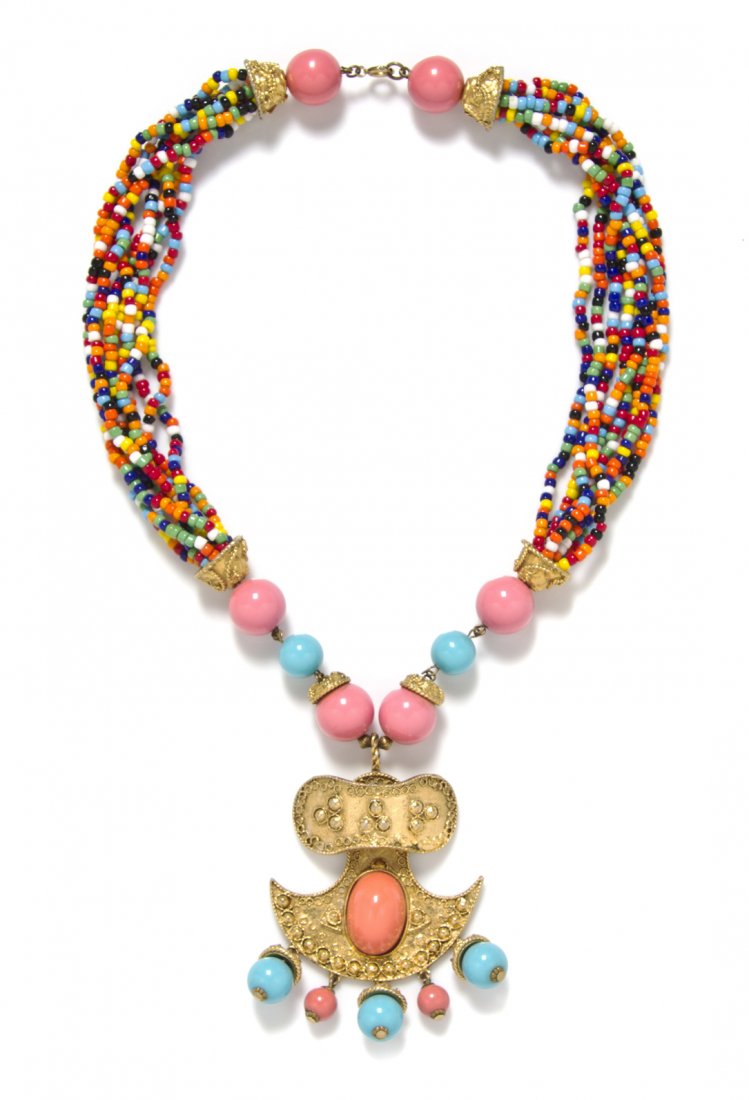 A Kenneth Jay Lane Multistrand Bead Necklace,: A Kenneth Jay Lane Multistrand Bead Necklace, multicolor bead necklace suspending an Indian style pendant with faux coral and turquoise. Stamped: KJL.