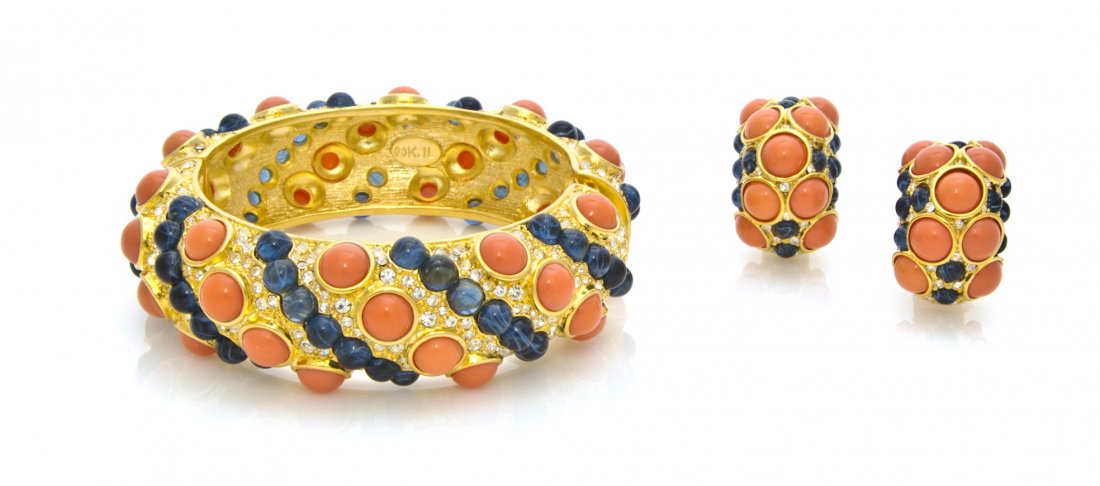 A Kenneth Jay Lane Faux Coral, Sapphire and Rhinestone : A Kenneth Jay Lane Faux Coral, Sapphire and Rhinestone Set, comprised of a hinged bangle bracelet and a pair of earclips each with faux coral and faux sapphire cabochon stripes and clear rhinestone de