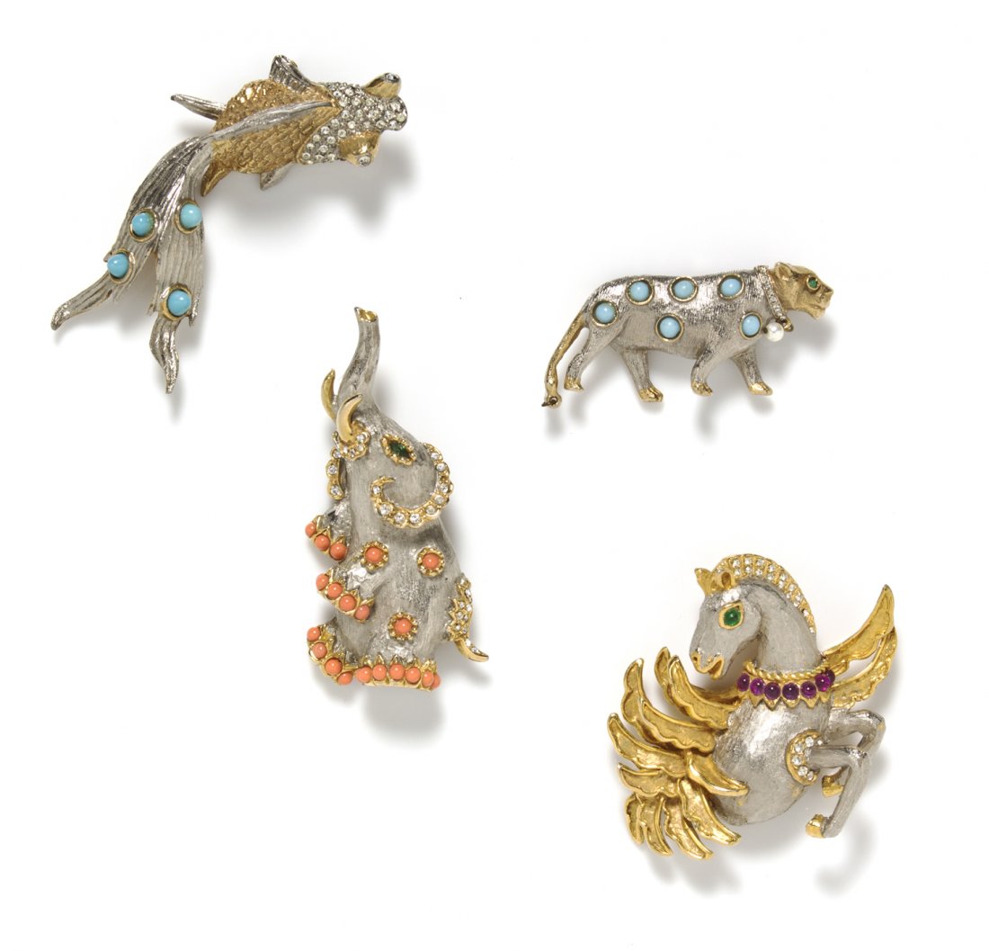 A Group of Four Kenneth Jay Lane Two Tone Brooches,: A Group of Four Kenneth Jay Lane Two Tone Brooches, comprised of a circus elephant, a Siamese fighting fish, a leopard and a winged horse. All stamped: K.J.L. Property from an Important Collector, Chi