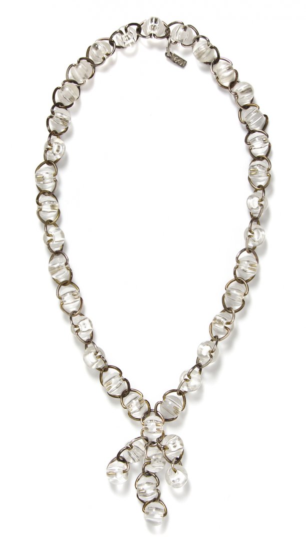 An Yves Saint Laurent Clear Bead Tassel Necklace,: An Yves Saint Laurent Clear Bead Tassel Necklace, with silver tone links. Stamped: YSL. Property from a New York City Collection