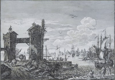 Attributed to Marco Ricci (Italian, 1676-1729) Harbor scene with two towers and various ships, a