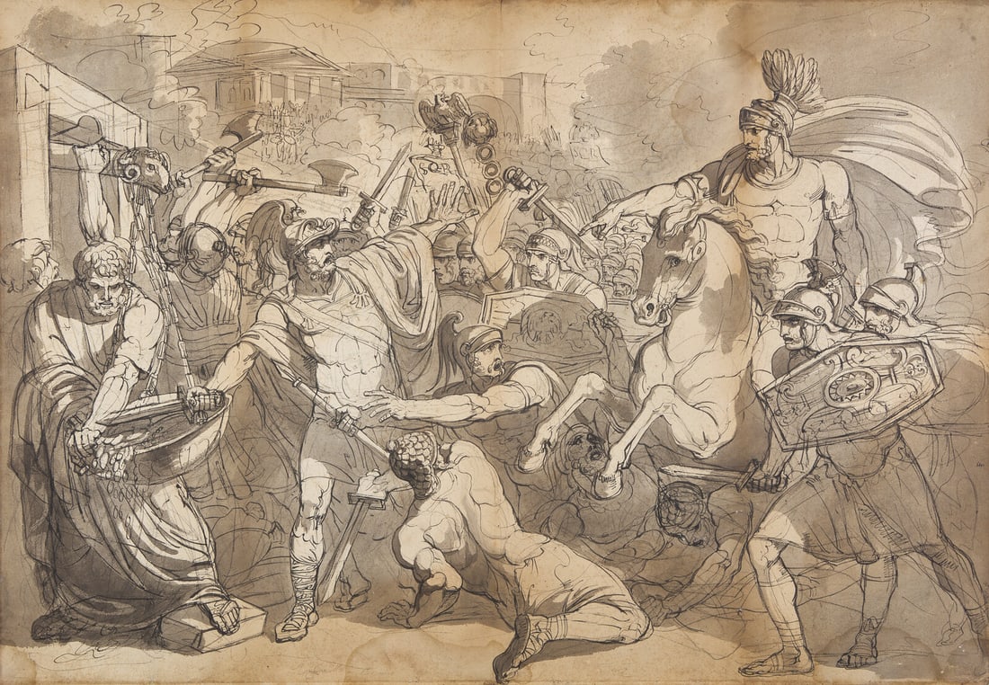 Bartolomeo Pinelli (Italian, 1781-1835) Marcus Furius Camillus liberating Rome from the Gauls & A: Bartolomeo Pinelli (Italian, 1781-1835) Marcus Furius Camillus liberating Rome from the Gauls & A Compositional study of the same subject, 1807 (a double-sided drawing) black chalk, pen and black ink,