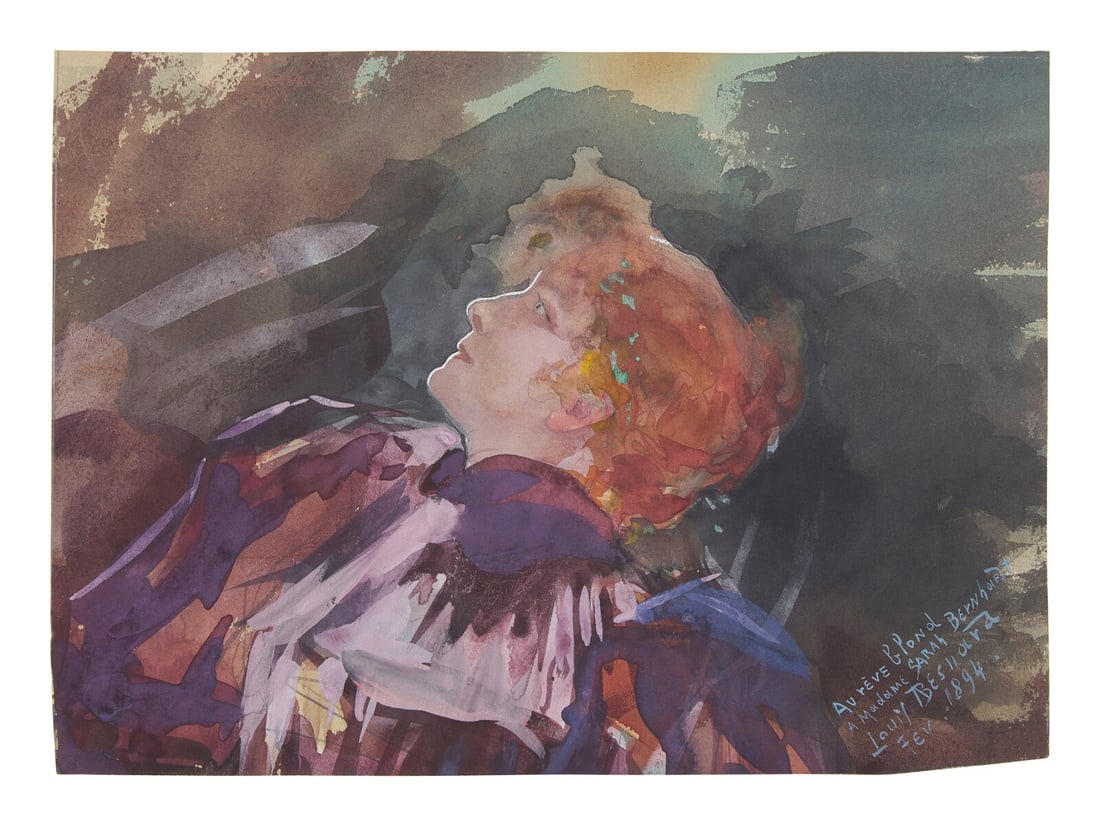 Louis-Albert Besnard (French, 1873-1962) Portrait of Sarah Bernhardt, 1894: Louis-Albert Besnard (French, 1873-1962) Portrait of Sarah Bernhardt, 1894 watercolor on paper signed Louis ABesnard, dated Fev.1894, and dedicated, Au rêve blond / A Madame Sarah Bernhardt (lowe