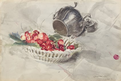 Giovanni Boldini (Italian, 1842-1931) Still Life of a Basket of Cherries and a Silver Sugar Bowl,