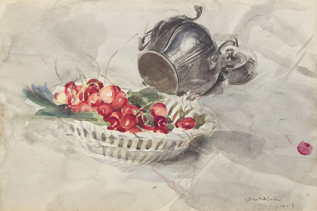 Giovanni Boldini (Italian, 1842-1931) Still Life of a Basket of Cherries and a Silver Sugar Bowl,: Giovanni Boldini (Italian, 1842-1931) Still Life of a Basket of Cherries and a Silver Sugar Bowl, 1905 watercolor with touches of gouache over traces of black chalk on paper signed Boldini and dated (