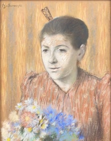 Federico Zandomeneghi (Italian, 1841-1917) Young Woman with a Bouquet of Flowers